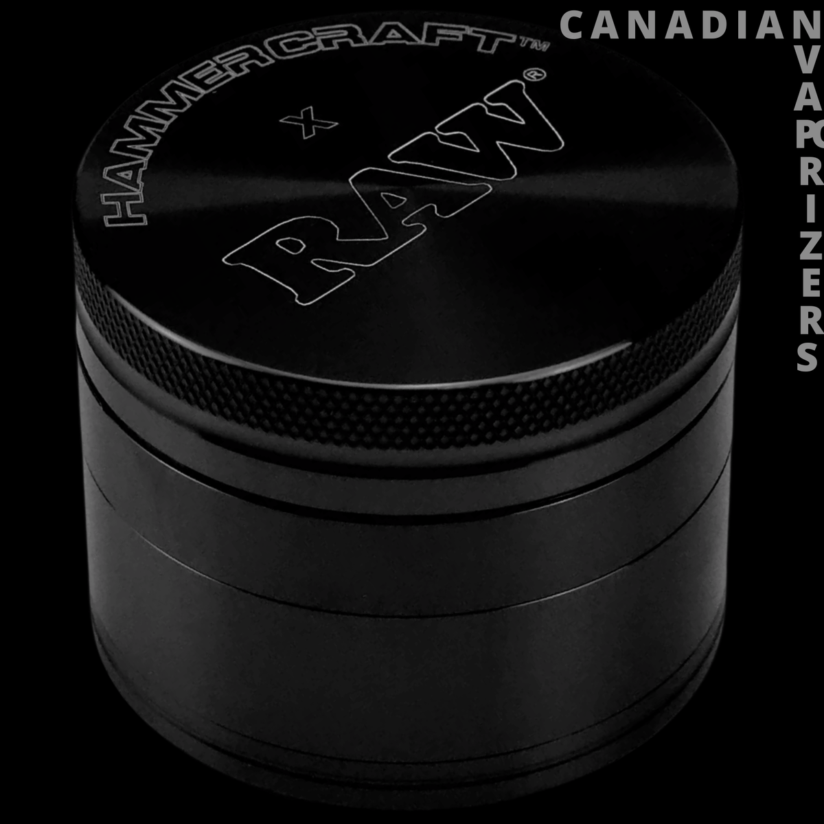 Raw Aluminum Grinder - Black aluminum grinder with a knurled edge and engraved Raw logo on the lid.