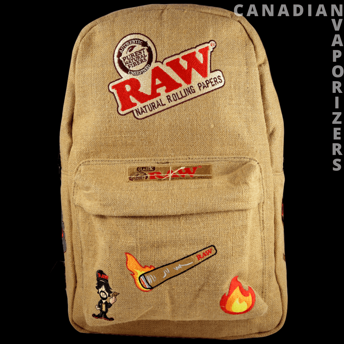 Raw Backpack - Tan burlap Raw backpack with red and black branding, front pocket, and fire-themed patches.