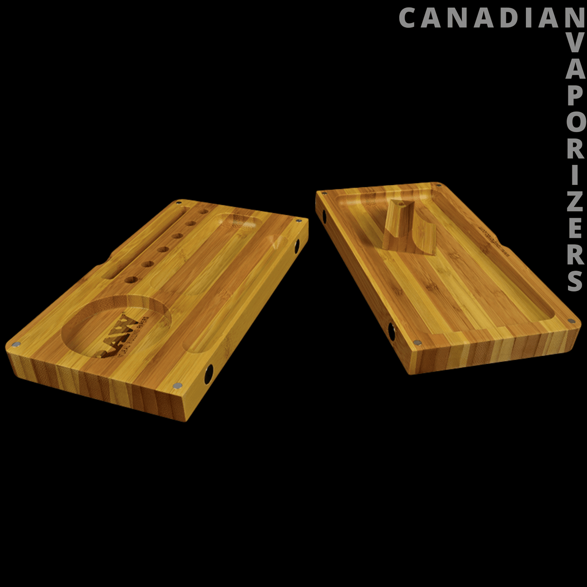 RAW BAMBOO BACKFLIP FILLING TRAY STRIPED *LIMITED EDITION* - Two striped bamboo rolling trays with raised edges and oval cutouts, shown from above.