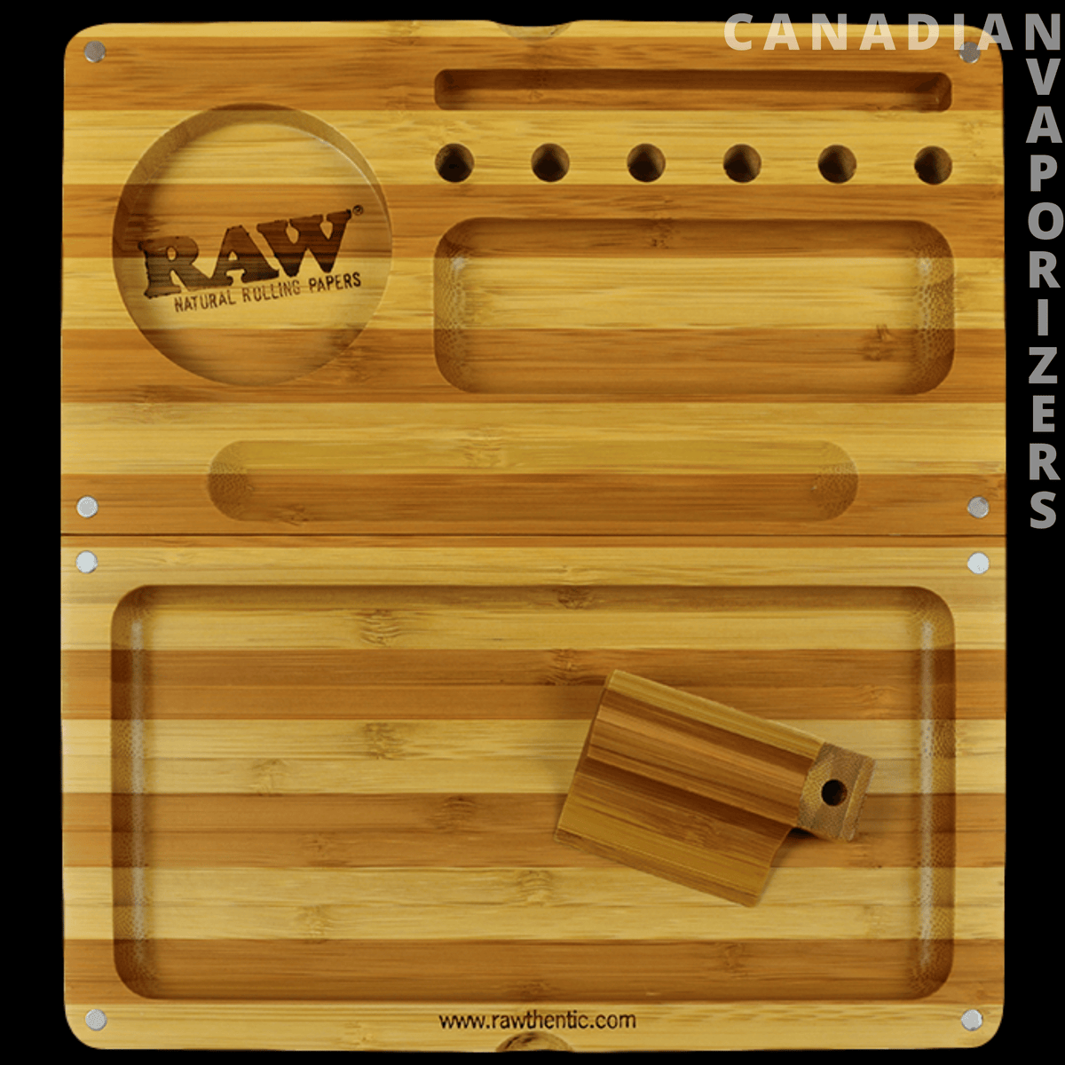 RAW BAMBOO BACKFLIP FILLING TRAY STRIPED *LIMITED EDITION* - Striped bamboo RAW backflip filling tray with rounded corners, carved compartments, and a hinged rolling section.