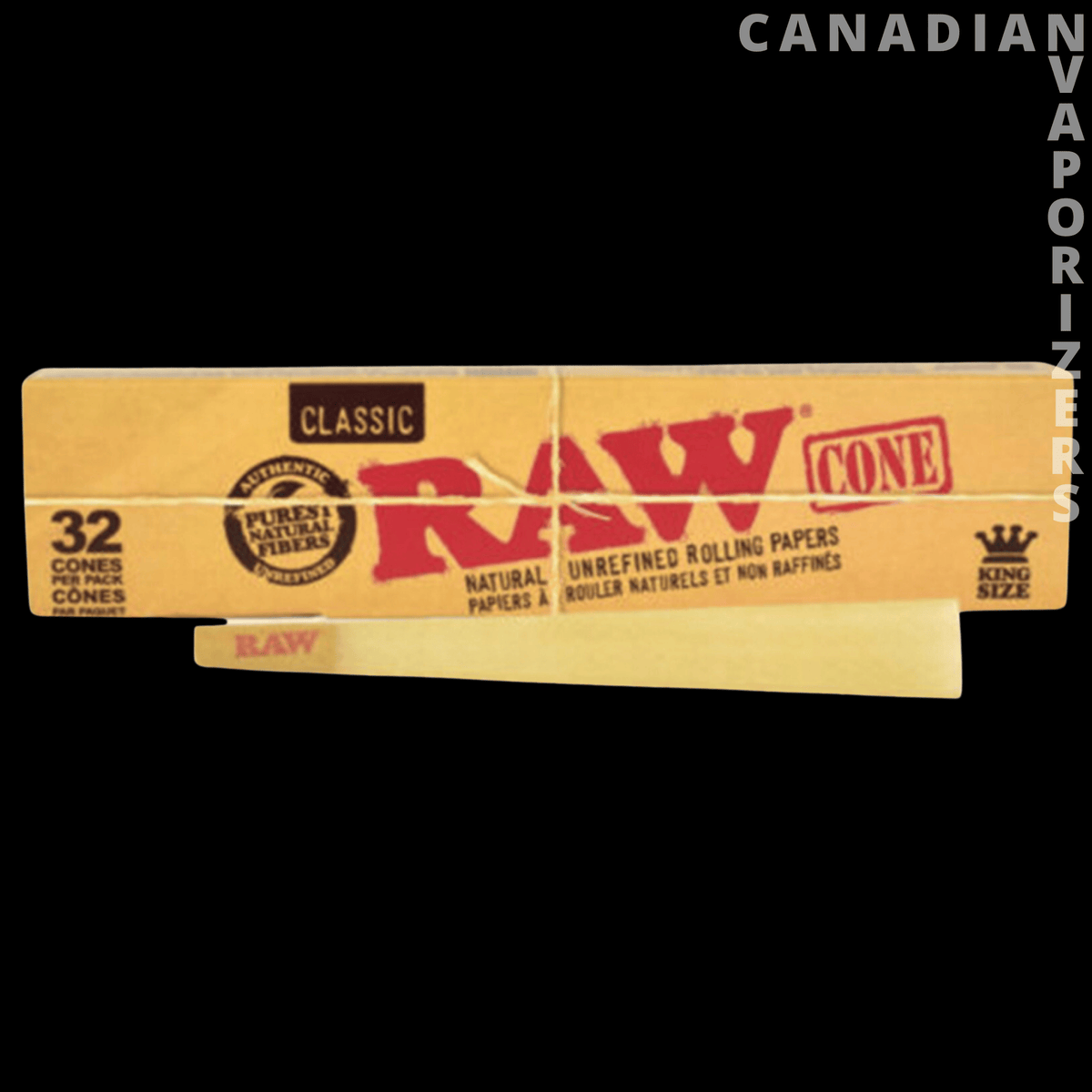 Raw Classic King Size Pre-Rolled Cones (Pack of 32) - Yellow RAW Classic pre-rolled cone box labeled King Size, with a 32-cone count.