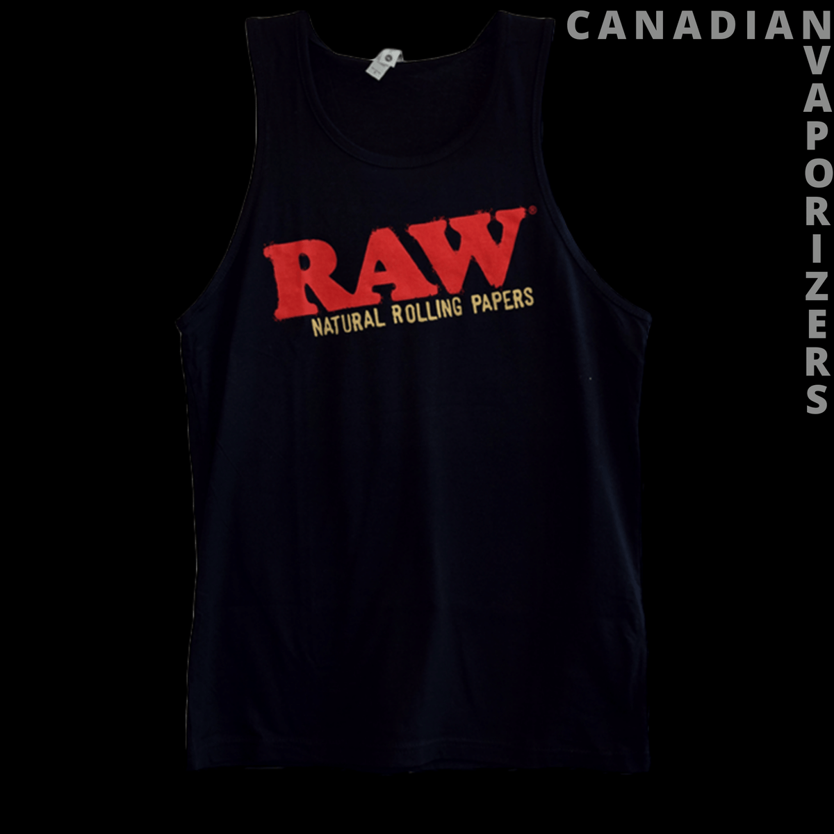 Raw Mens & Ladies Tank Top - Black sleeveless tank top with bold red RAW logo and small yellow Natural Rolling Papers text.