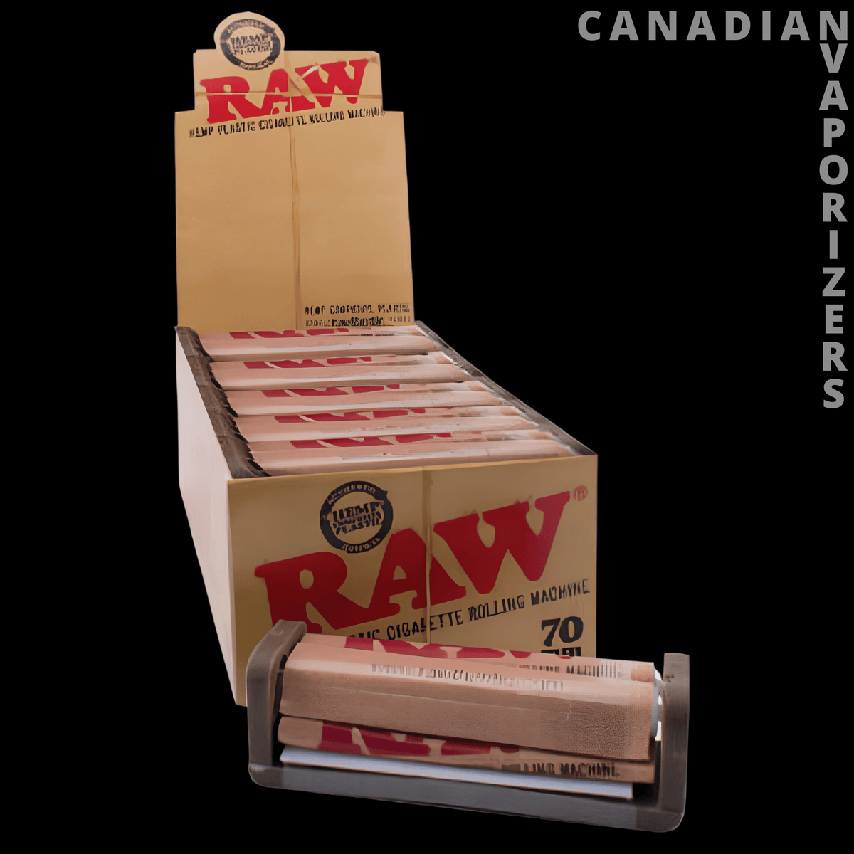 Raw Rolling Machine 79mm (Display of 12) - RAW 79mm rolling machine in a clear plastic case, displayed with its open cardboard retail box.