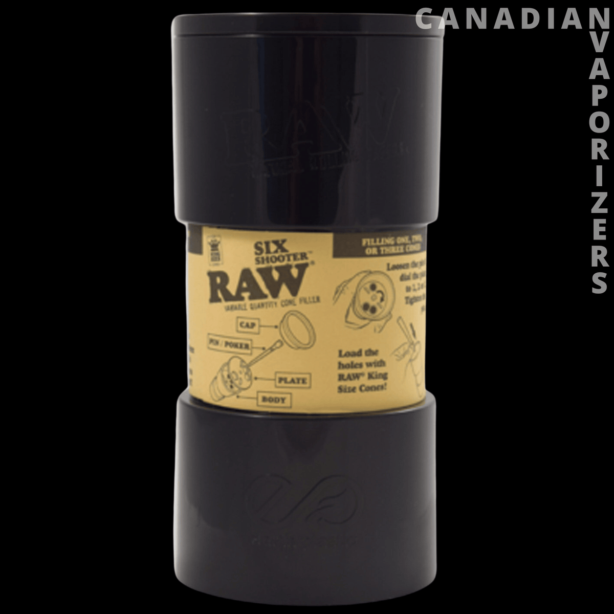Raw Six Shooter - Black cylindrical Raw Six Shooter with a tan label featuring rolling paper diagrams and text.