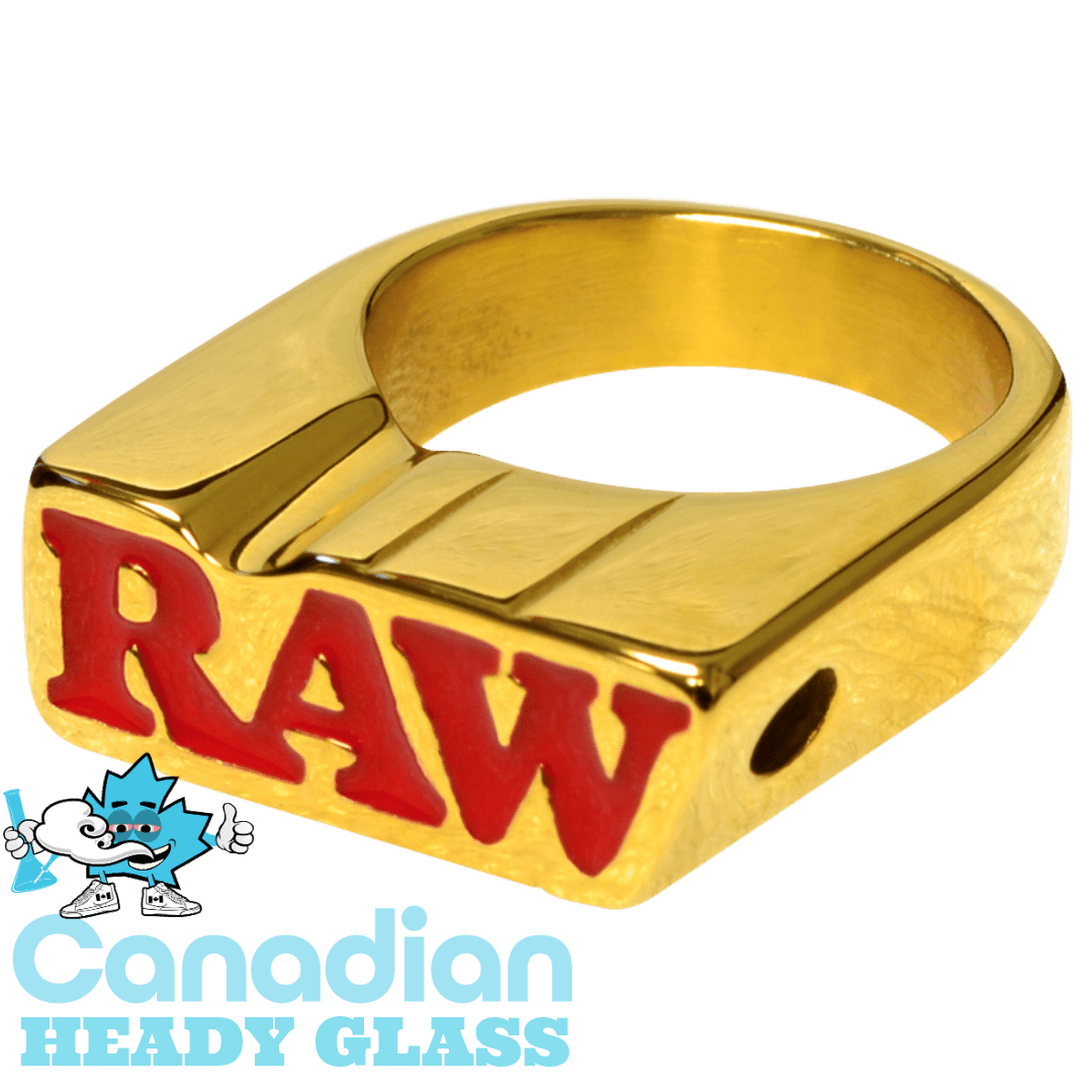 Raw Smoke Ring - Gold-tone signet ring with a polished band, bold red RAW lettering, and a black side accent.