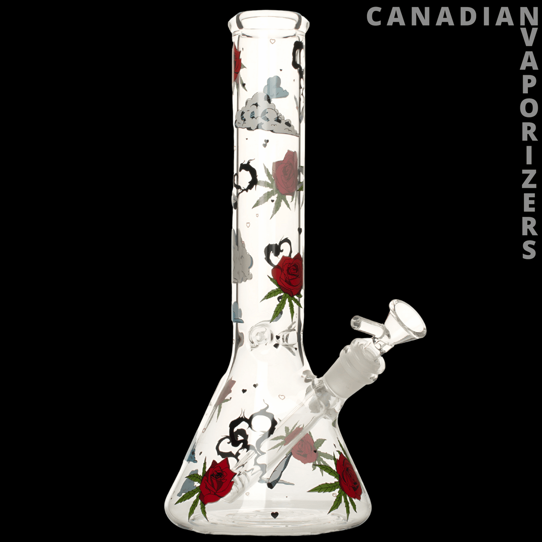 Red Eye Glass 12" Roses & Weed Beaker Base Water Pipe - Canadian Vaporizers