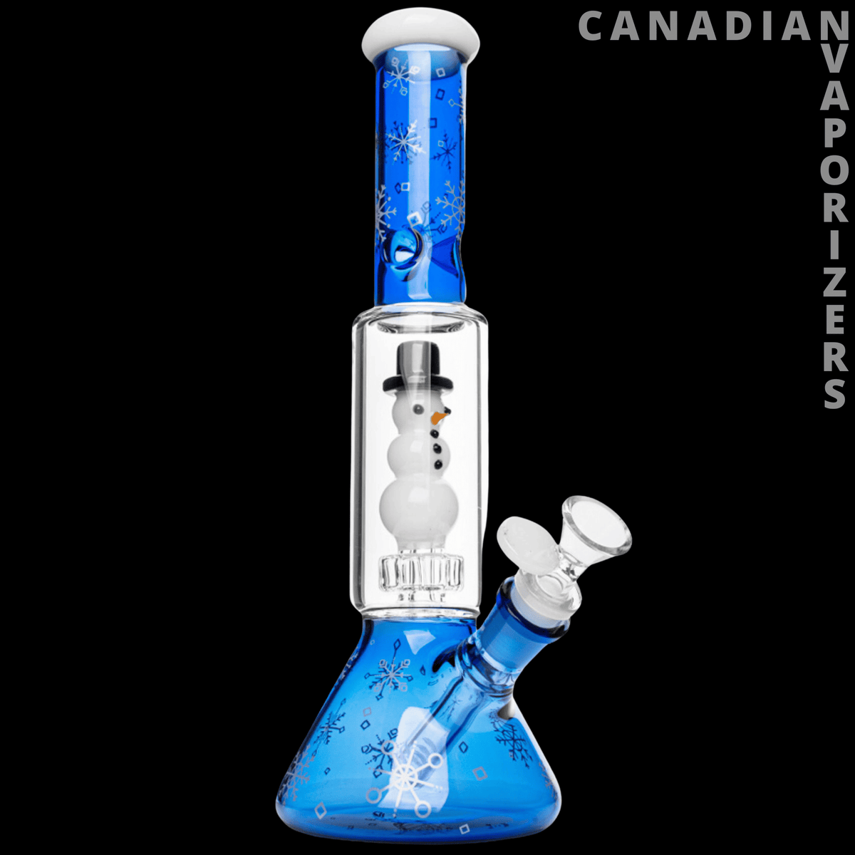 Red Eye Glass 12" Snowman Dual Chamber Beaker Base Water Pipe - Blue glass water pipe with a snowman-decorated dual chamber, beaker base, and angled bowl.