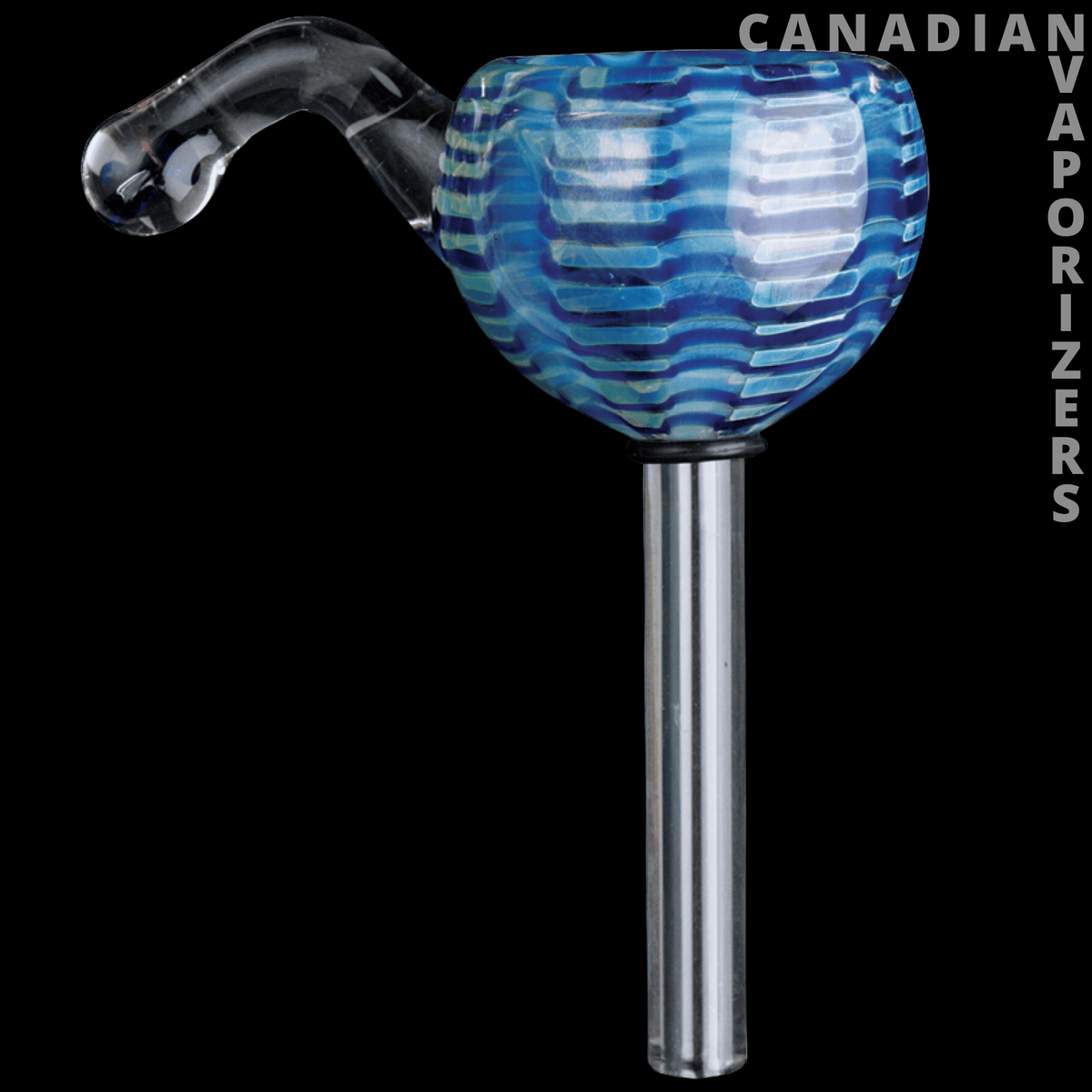 Red Eye Glass 12mm Mushroom Handle Pull-Out - Blue striped mushroom-shaped glass pull-out with a curved clear handle and long metal stem.