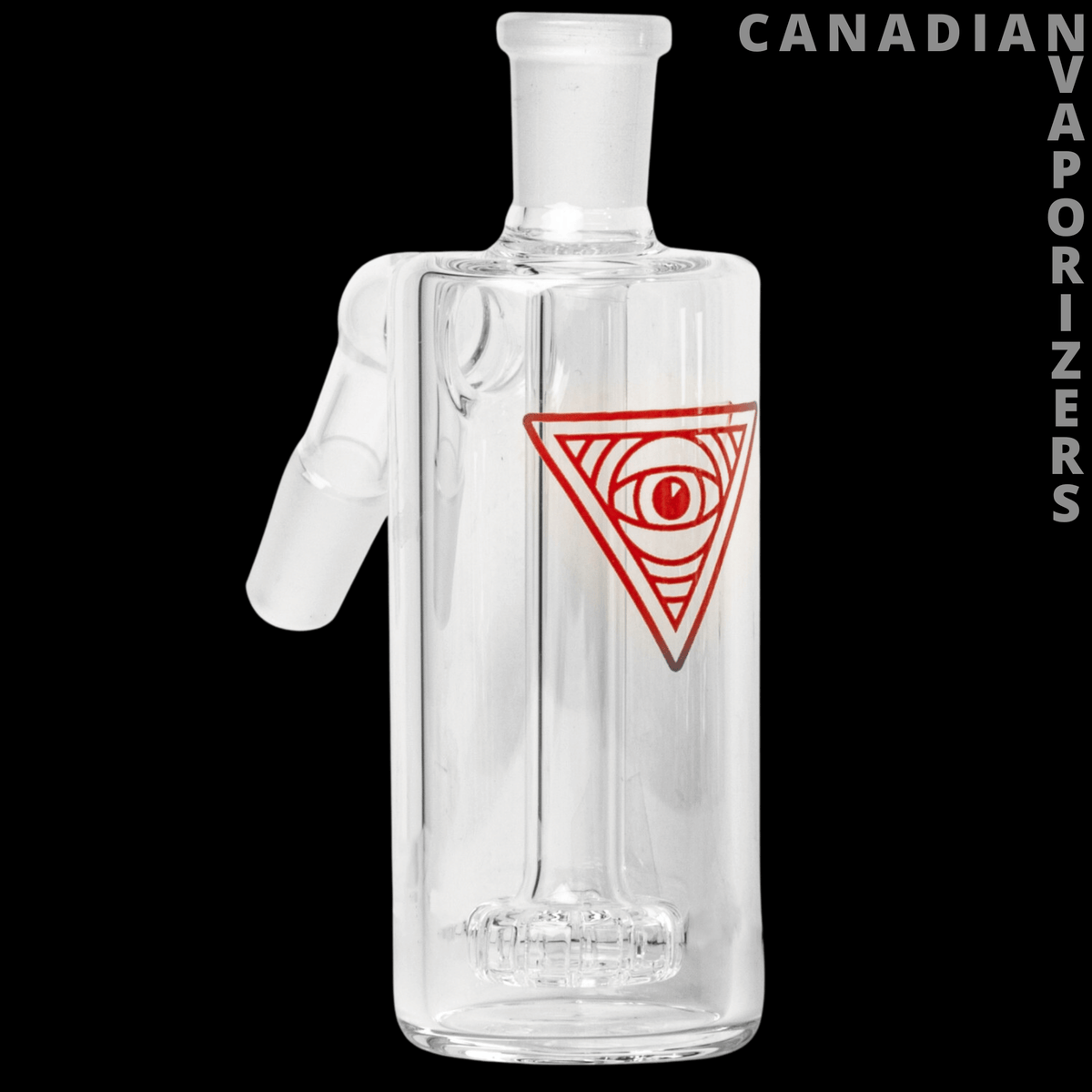 Red Eye Glass 14mm 45 Degree Clear Ash Catcher W/UFO Perc - Clear glass ash catcher with red eye triangle logo, angled side joint, and UFO percolator.
