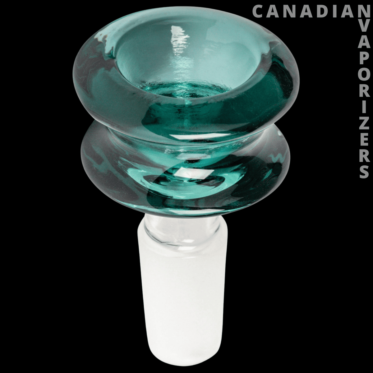 Red Eye Glass 14mm Barrel Pull-Out - Teal glass barrel pull-out bowl with a rounded, double-lobed head and frosted white joint.