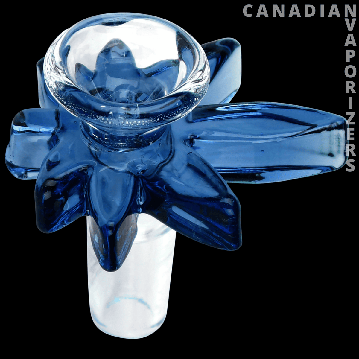 Red Eye Glass 14mm Big Leaf Pull-Out - Blue translucent glass pull-out bowl with a wide flower-shaped leaf and clear stem.