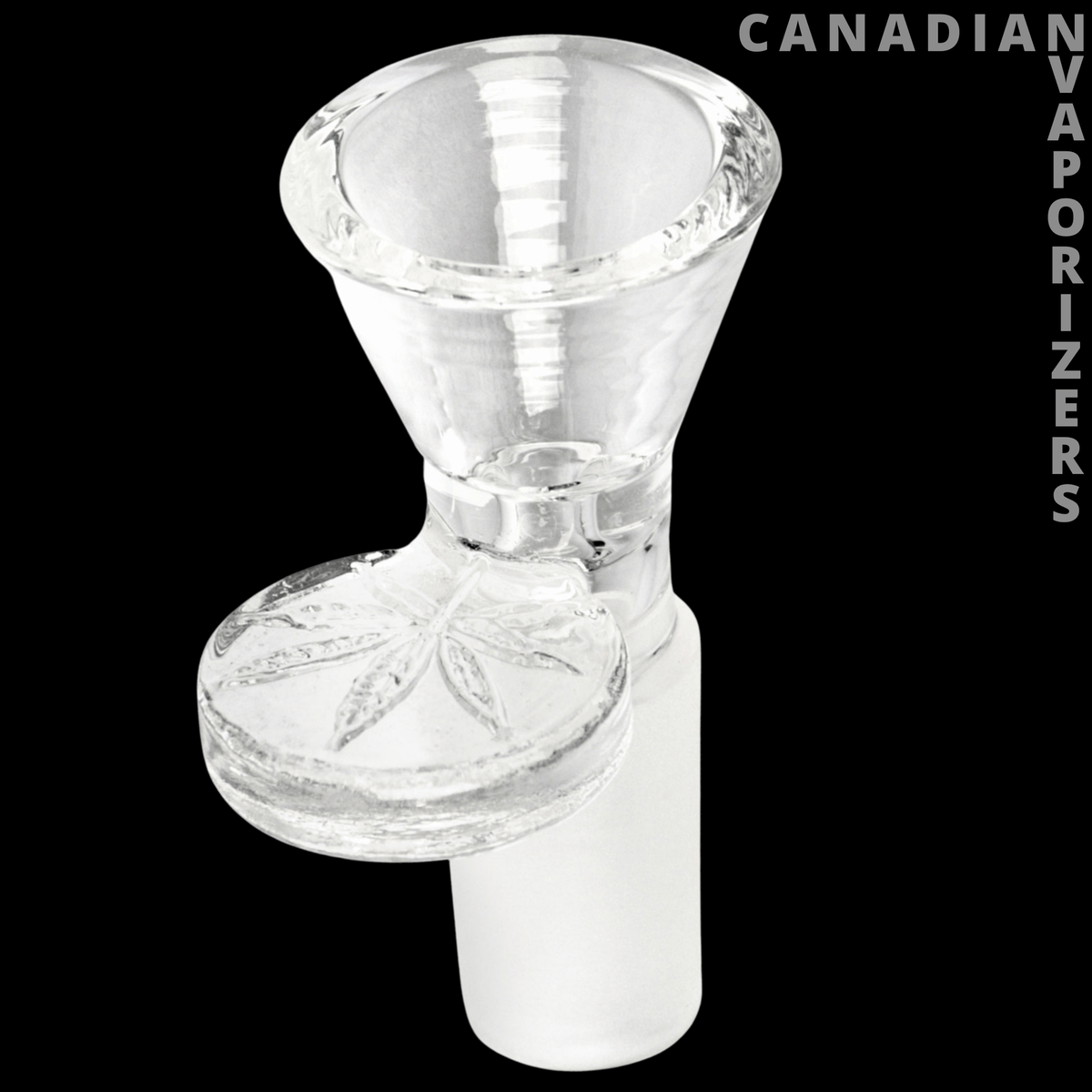Red Eye Glass 14mm Cone Pull-Out W/Leaf Stamped Handle - Clear glass 14 mm cone pull-out bowl with a flared rim and leaf-stamped handle.