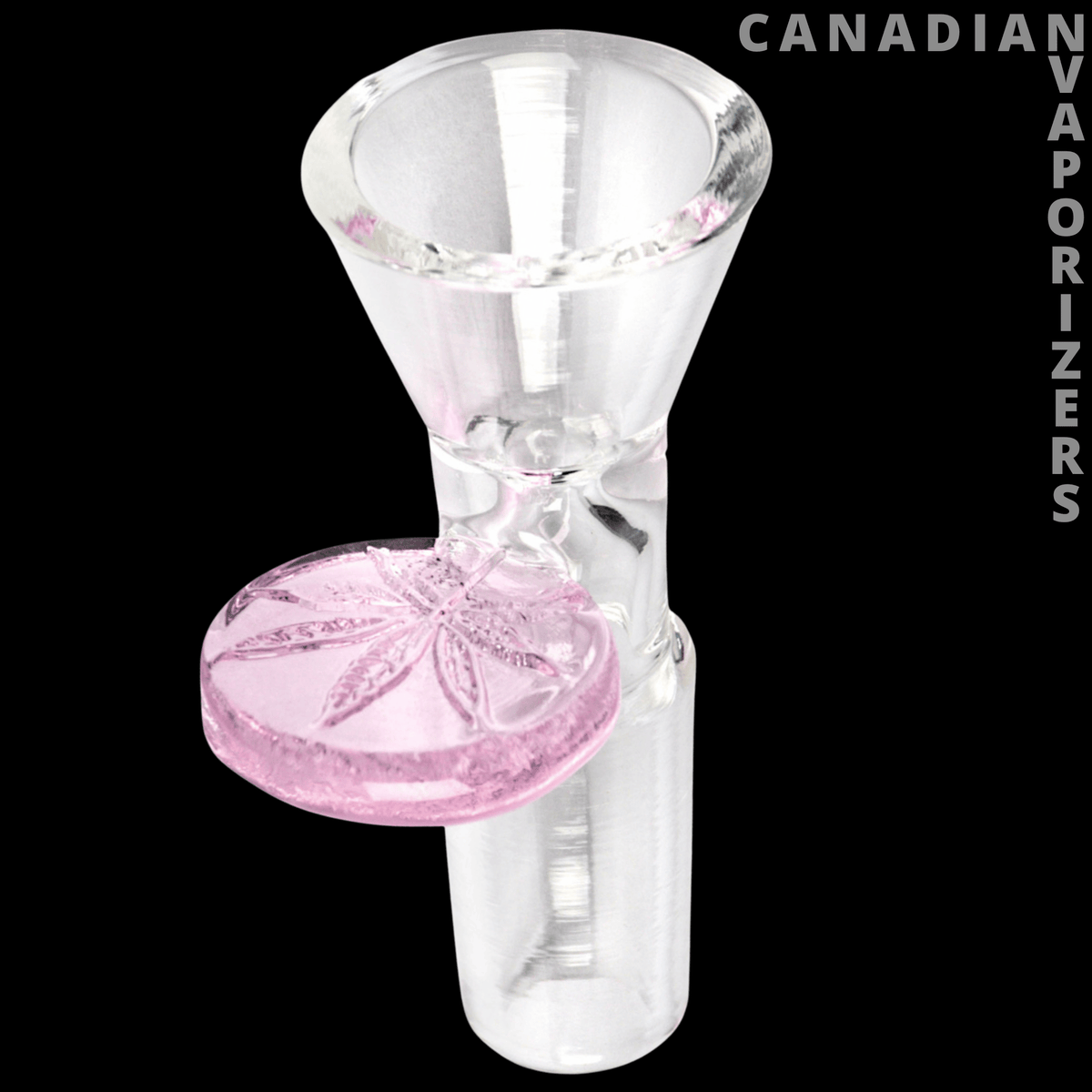 Red Eye Glass 14mm Cone Pull-Out W/Leaf Stamped Handle - Clear glass 14mm cone bowl with a pink leaf-stamped pull-out handle.