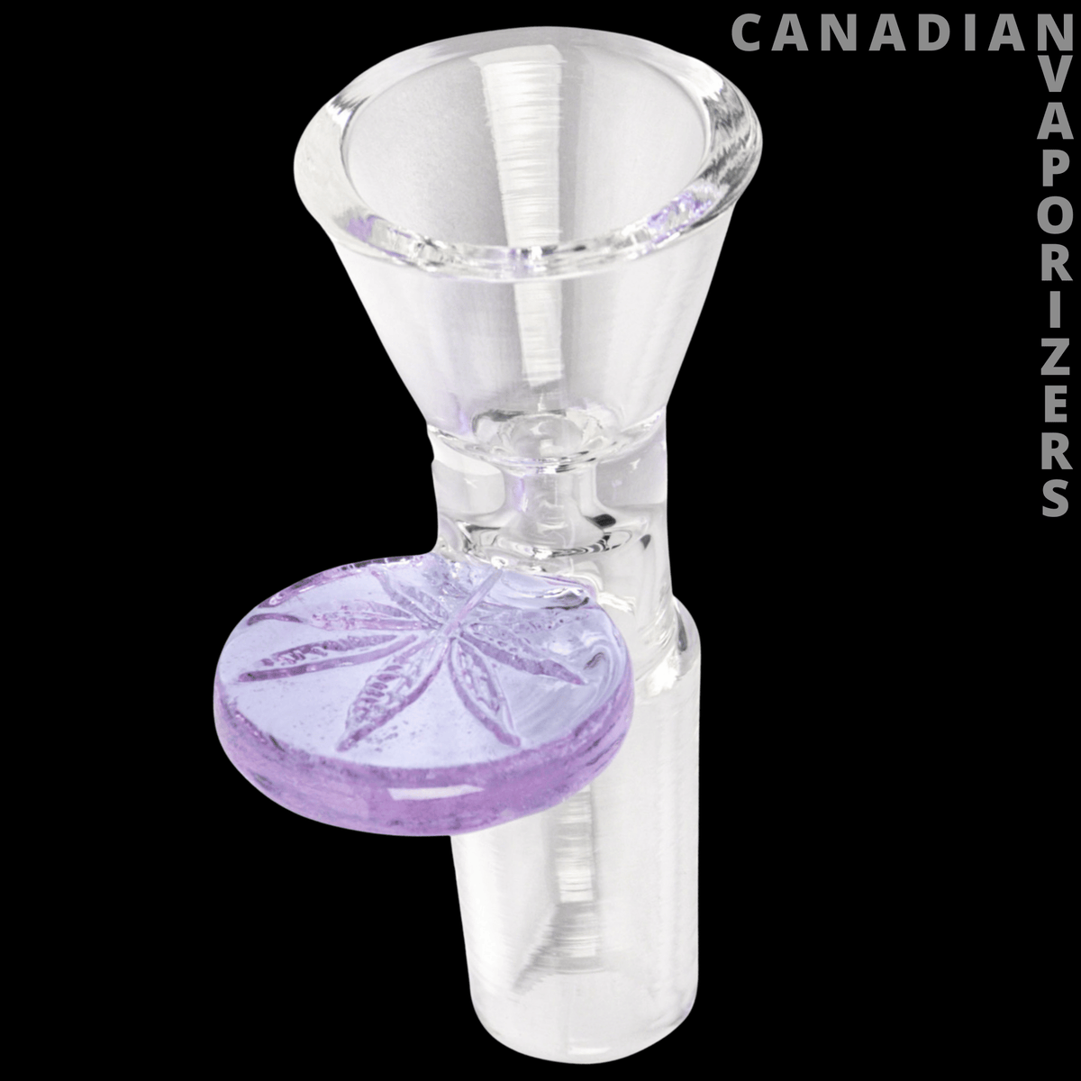 Red Eye Glass 14mm Cone Pull-Out W/Leaf Stamped Handle - Clear glass pull-out bowl with a lavender leaf-stamped handle and flared cone-shaped bowl.