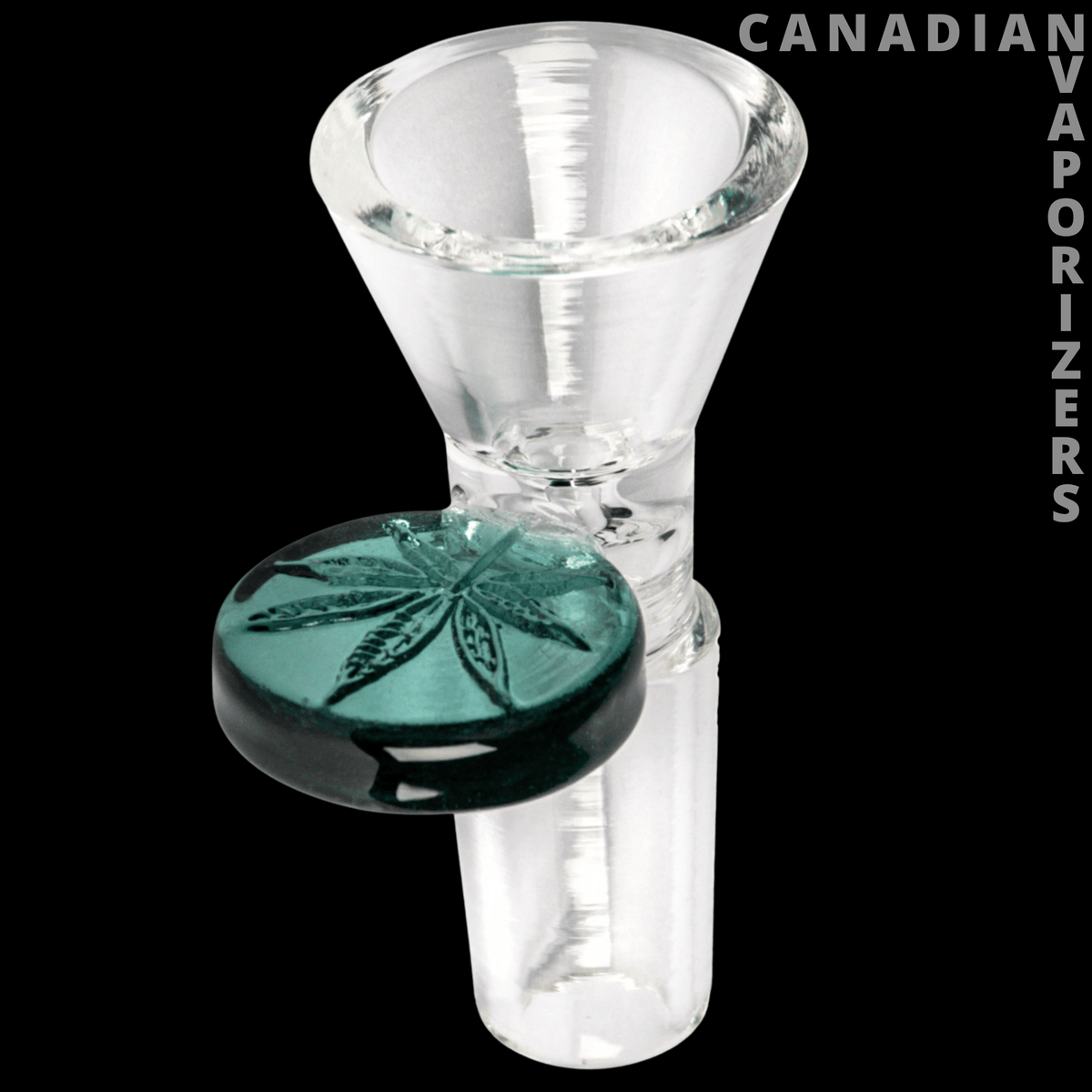 Red Eye Glass 14mm Cone Pull-Out W/Leaf Stamped Handle - Clear glass 14mm cone bowl with a dark teal leaf-stamped pull-out handle.