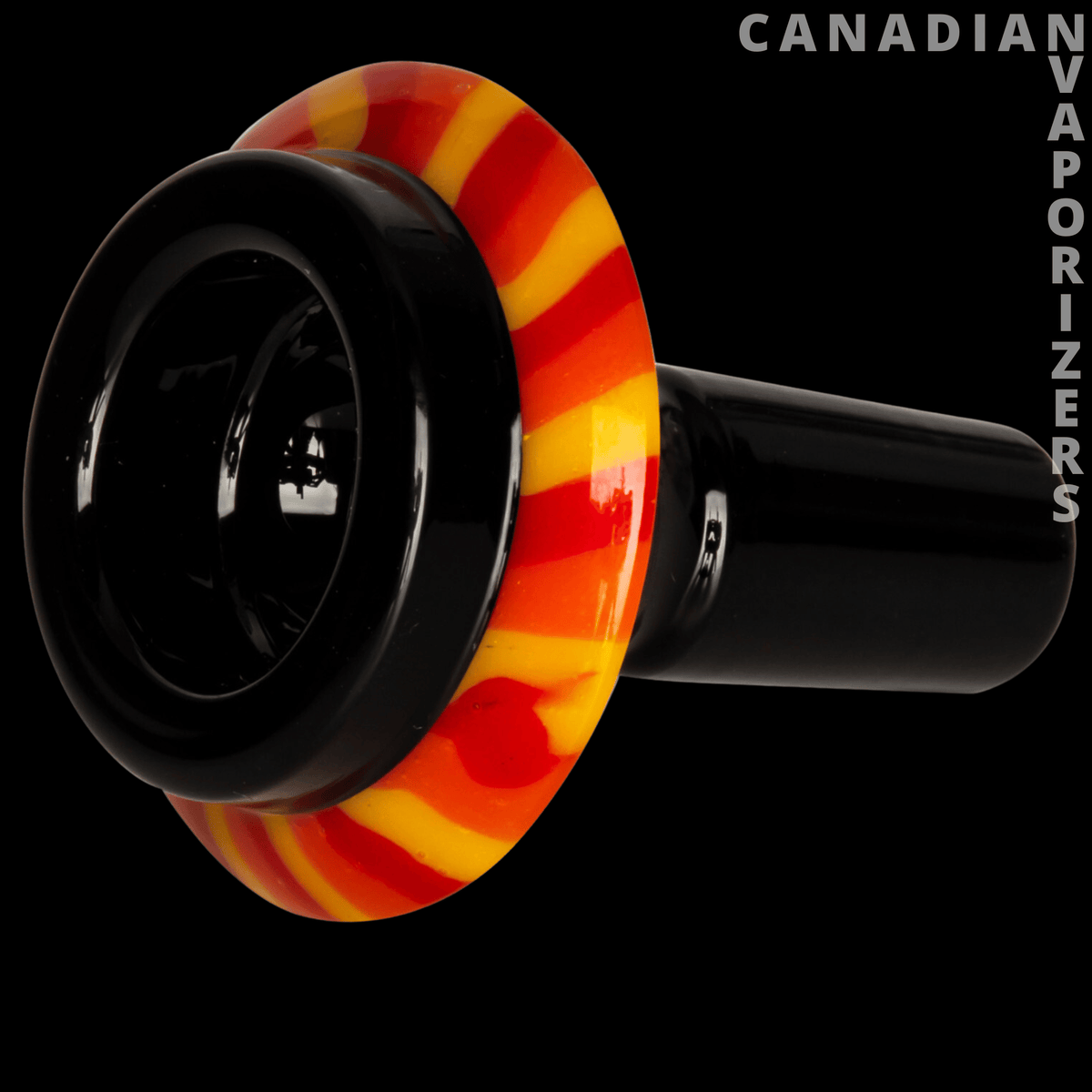 Red Eye Glass 14mm Multicolour Spacecraft Pull-Out (Assorted) - Black glass pull-out bowl with a bold red, orange, and yellow striped ring and 14mm joint.