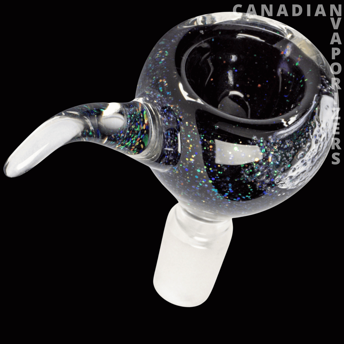 Red Eye Glass 14mm Sparkle Liquid Pull-Out - Black glass pull-out bowl with a curved mouthpiece, glittering blue and multicolor flecks, and a frosted 14mm joint.