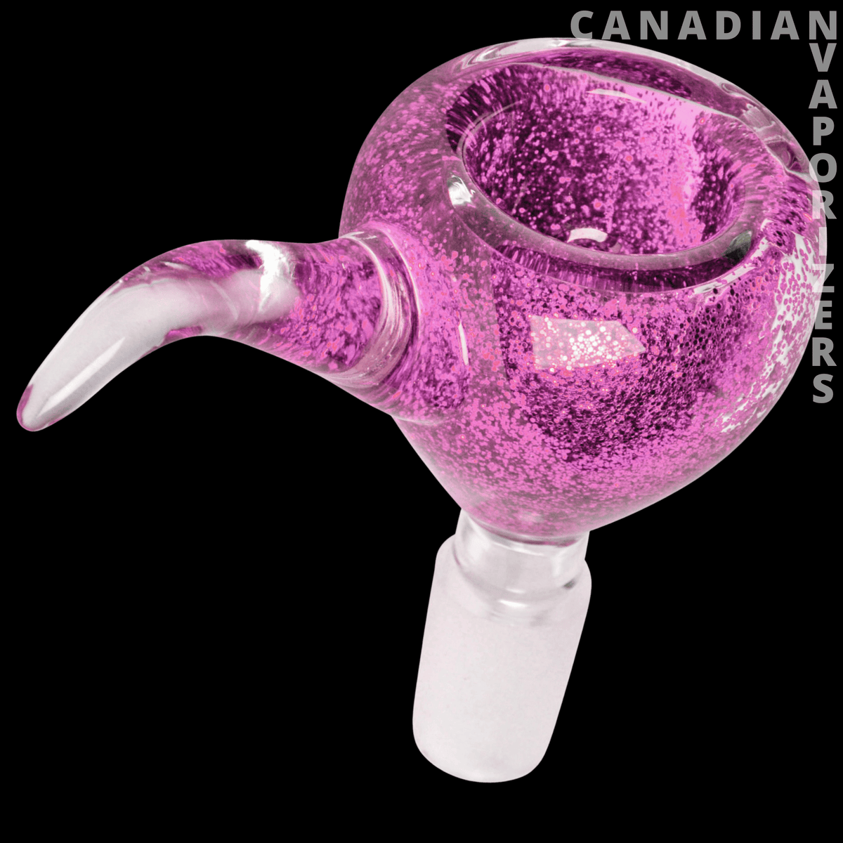 Red Eye Glass 14mm Sparkle Liquid Pull-Out - Pink glitter glass pull-out bowl with a curved handle and frosted stem.