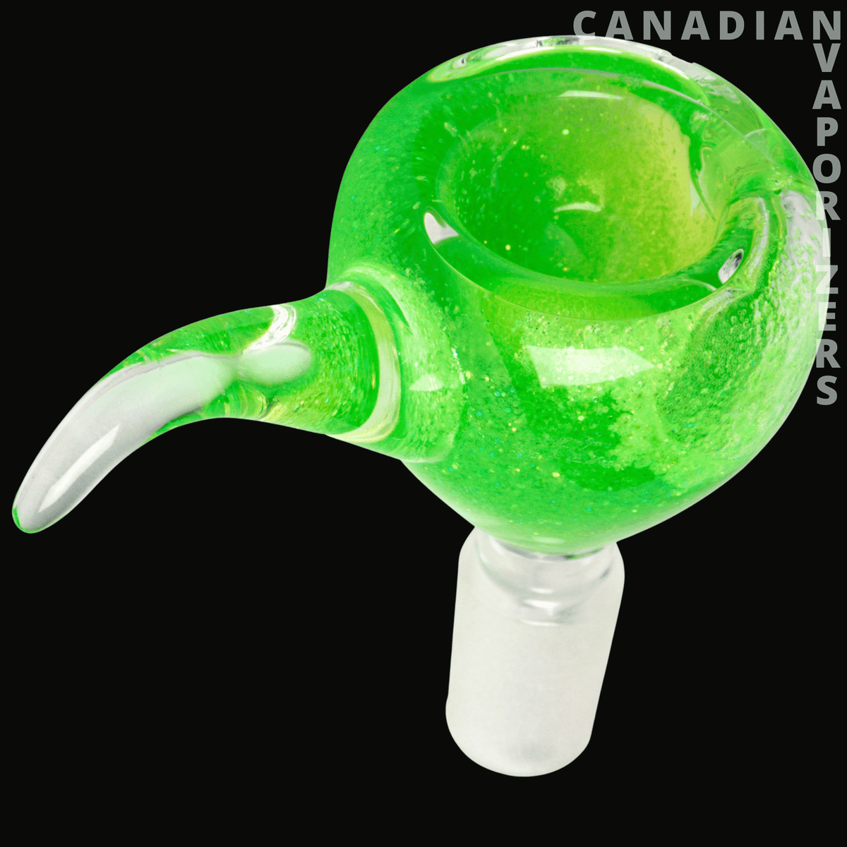 Red Eye Glass 14mm Sparkle Liquid Pull-Out - Bright green glass pull-out bowl with sparkling flecks, rounded chamber, curved side handle, and frosted connector.