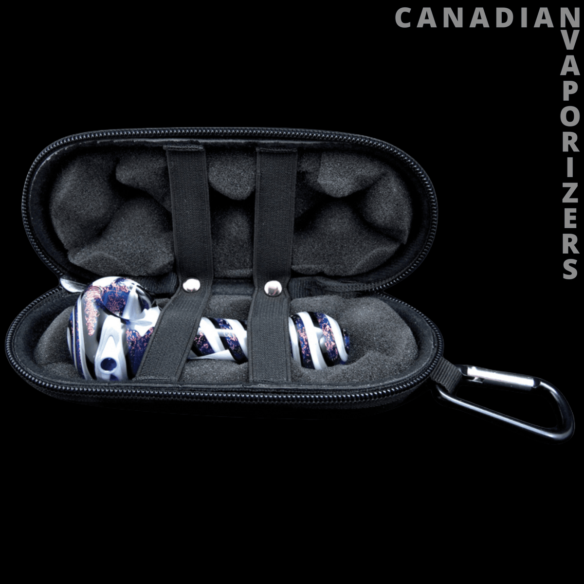 Red Eye Glass 5" Hand Pipe Hard Case - Open black zippered hard case with elastic straps holding a white and blue glass hand pipe, plus a metal carabiner.