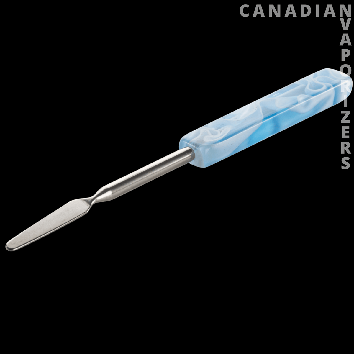 Red Eye Glass 6" Dab Tool - Six-inch dab tool with a stainless steel spatula tip and light blue marbled glass handle.