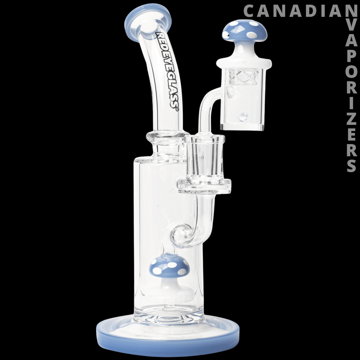 Red Eye Glass 7" Funguy Concentrate Rig Set - Clear glass concentrate rig with a blue mushroom-shaped percolator and matching blue base.