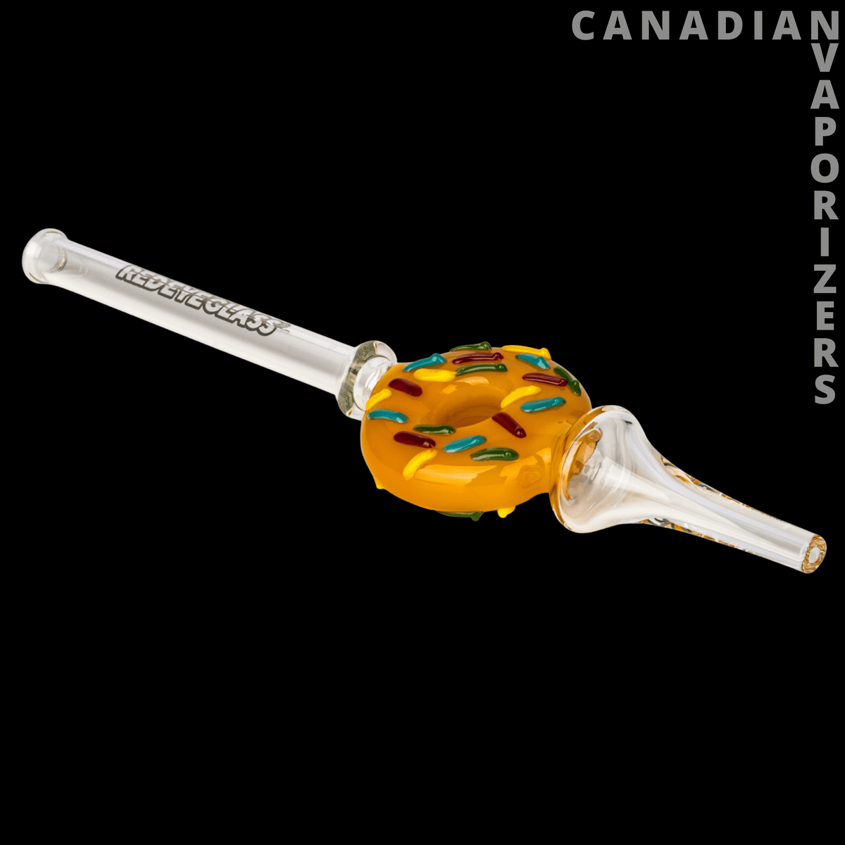 Red Eye Glass 9" Donut Concentrate Collector - Clear glass concentrate collector with a bright orange donut-shaped center and colorful flecks.
