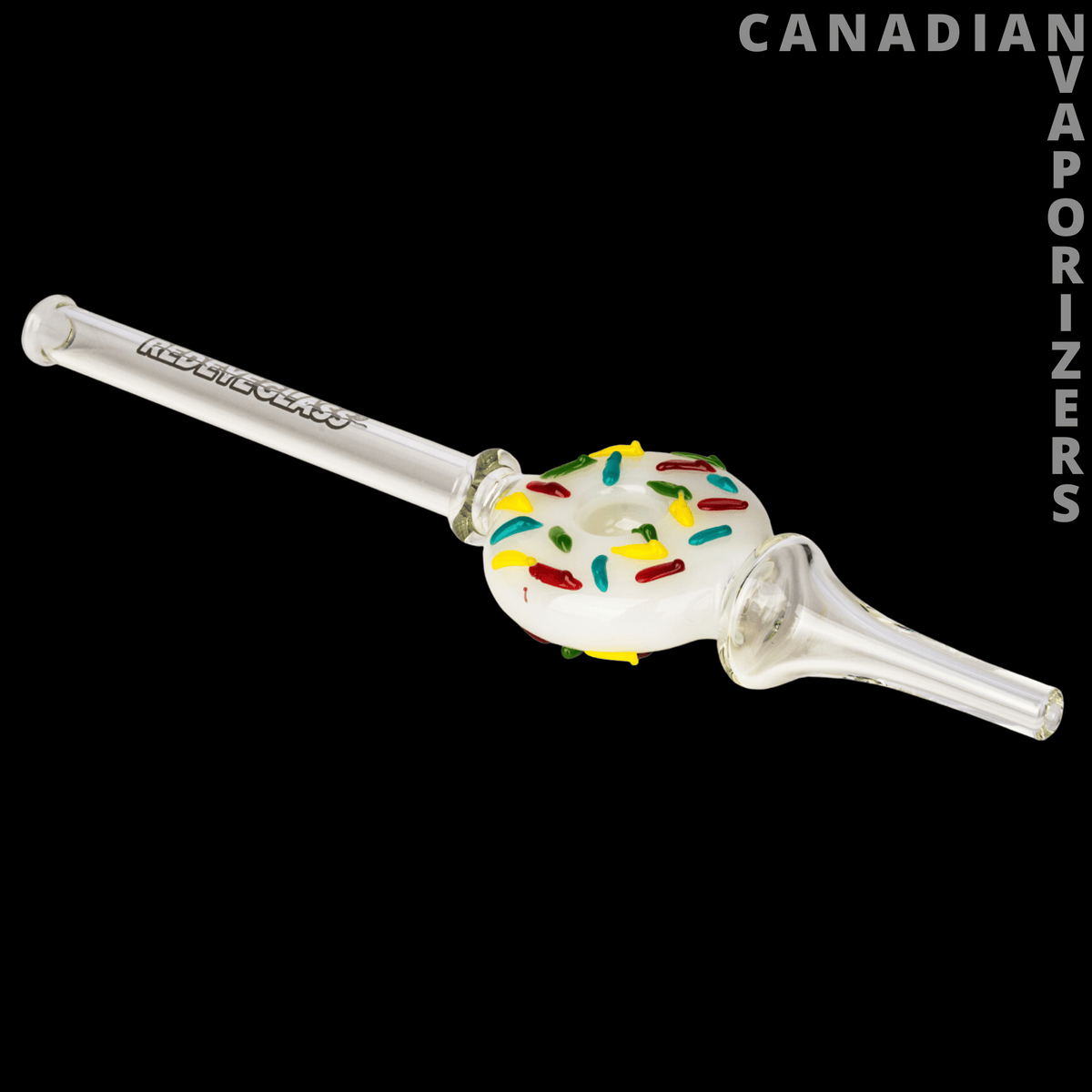 Red Eye Glass 9" Donut Concentrate Collector - Clear glass donut concentrate collector with a white sprinkle-covered donut and long straight tube.
