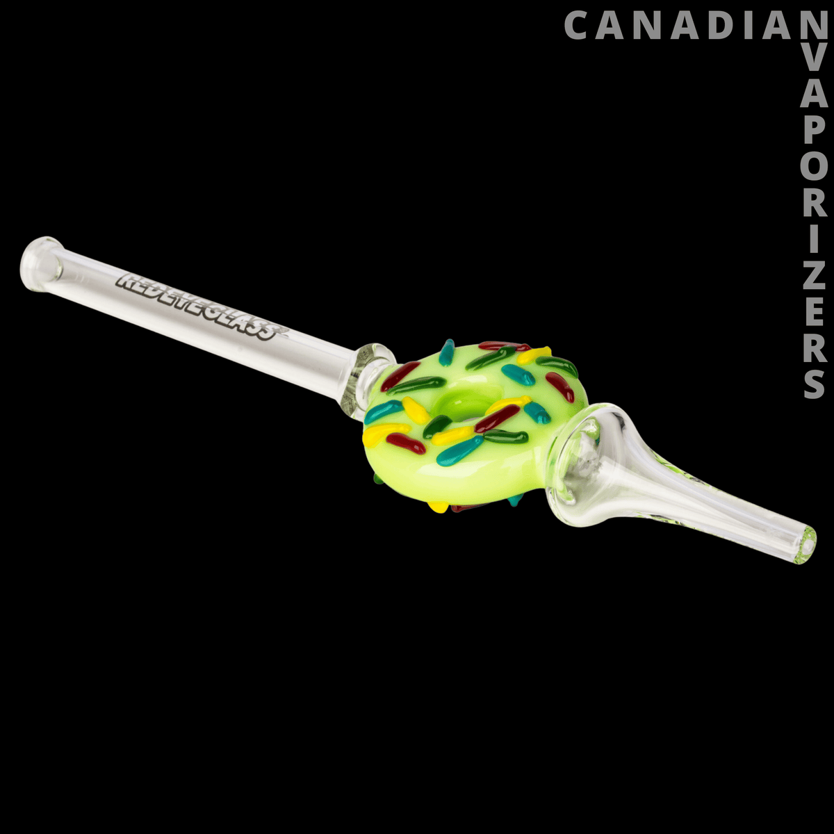 Red Eye Glass 9" Donut Concentrate Collector - Clear glass concentrate collector with a bright green and yellow donut-shaped chamber and colorful accents.