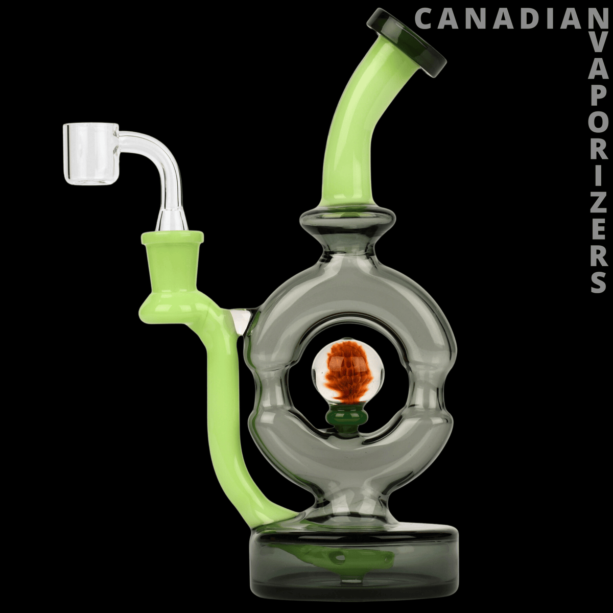 Red Eye Glass 9" Donut Rig - Yellow-green glass donut rig with a clear circular chamber, curved neck, and white bowl attachment.