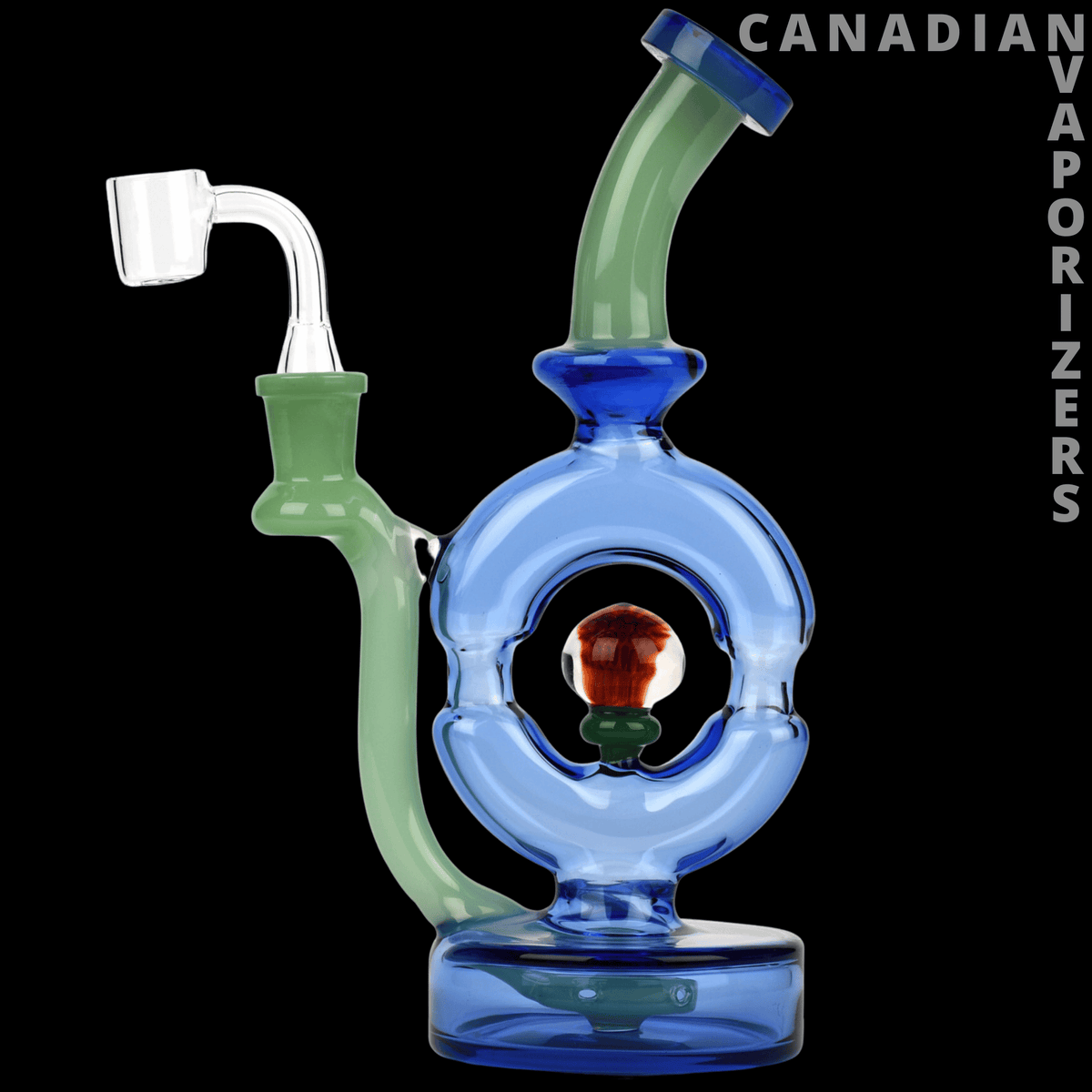 Red Eye Glass 9" Donut Rig - Blue glass donut rig with green curved neck, side arm, and red center accent.