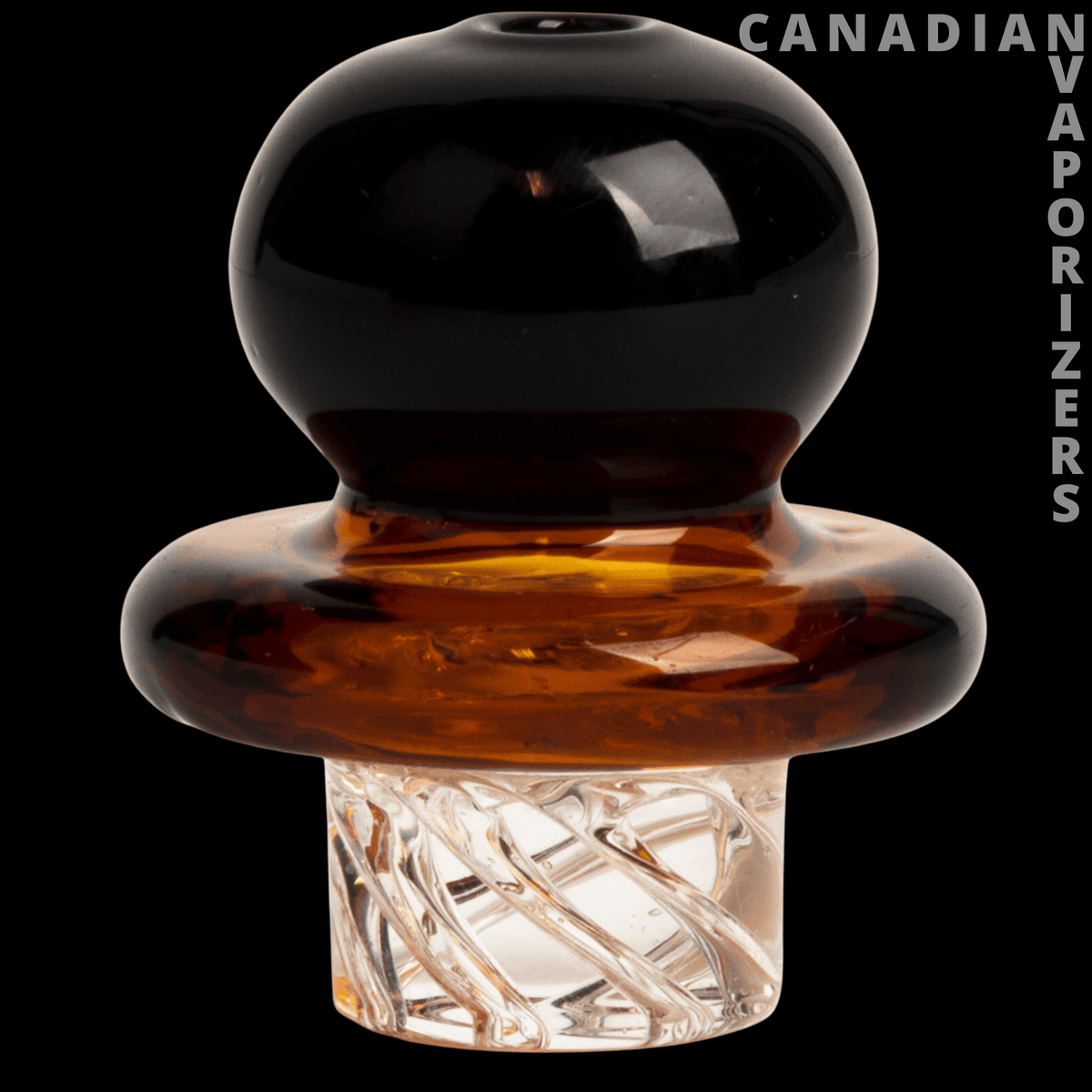 Red Eye Glass Button Whirlpool Carb Cap - Black glass button carb cap with an amber whirlpool ring and clear twisted glass base.