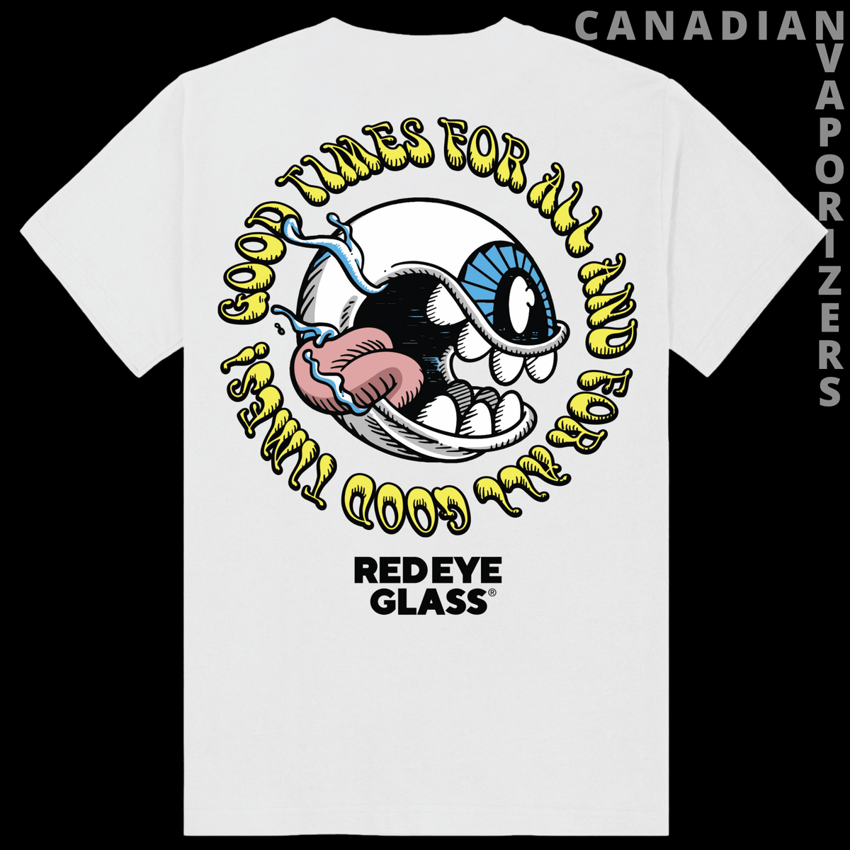 Red Eye Glass "Good Times" T-Shirt - White T-shirt with bold yellow lettering and a cartoon shark wearing sunglasses above “Redeye Glass.”.