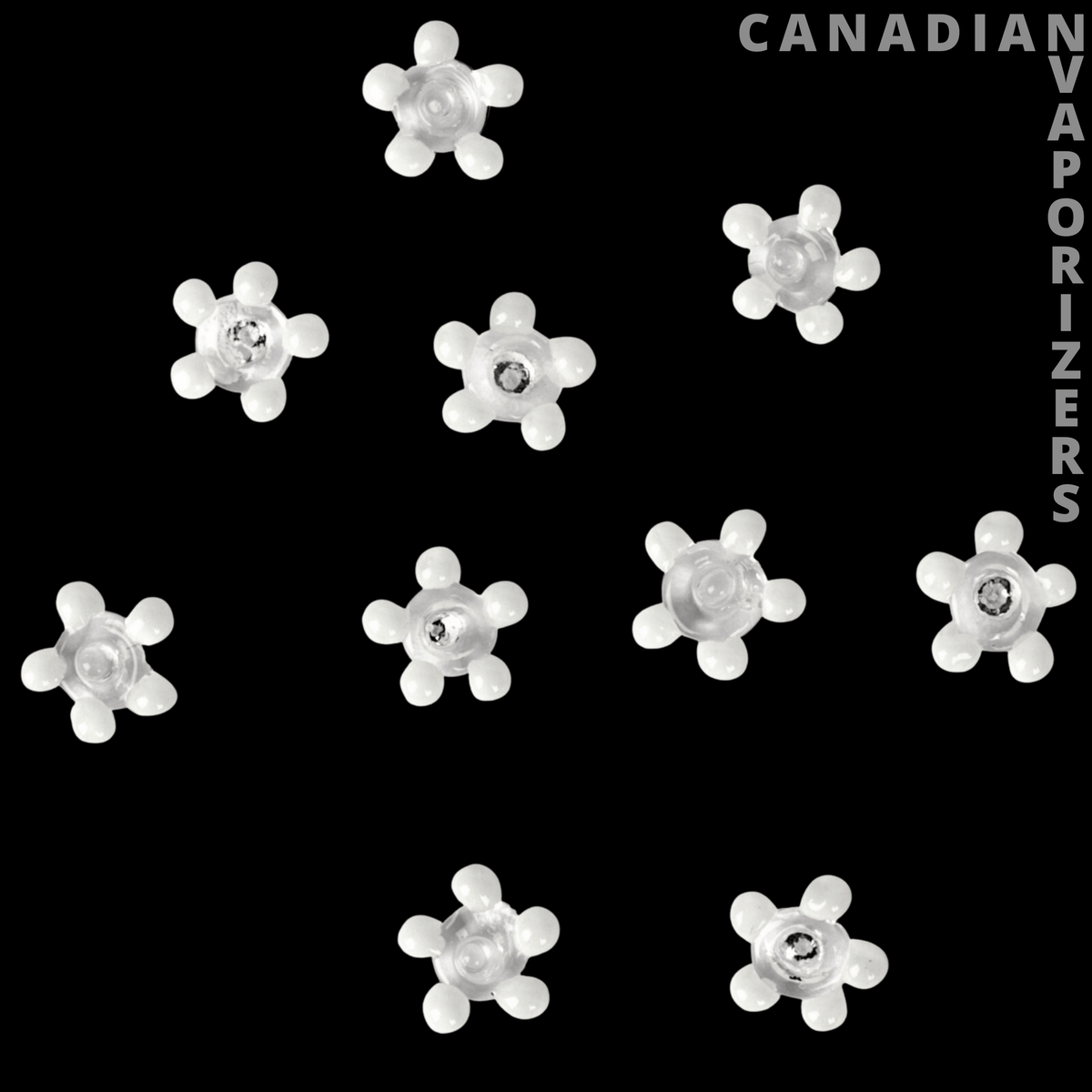 Red Eye Glass Large Daisy Glass Screens - Ten translucent white daisy-shaped glass screens with five rounded petals and a central opening on black.