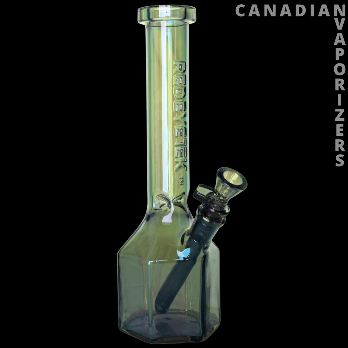Red Eye Tek 11" Metallic Terminator Finish Prismatic Tube - Green iridescent glass tube with a tall cylindrical neck, faceted base, and angled side mouthpiece.