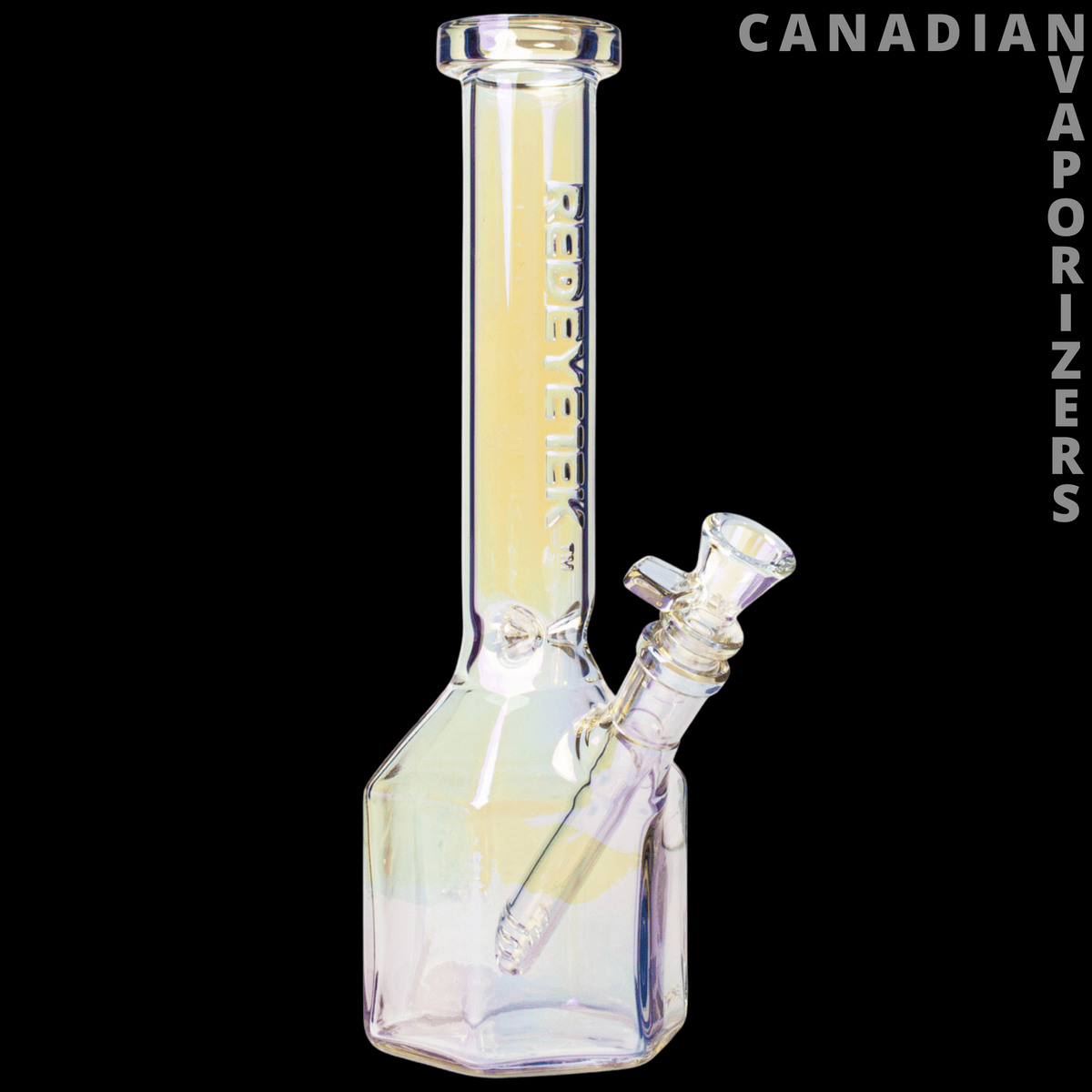 Red Eye Tek 11" Metallic Terminator Finish Prismatic Tube - Iridescent prismatic glass water pipe with a tall straight tube, angled side stem, and clear base.