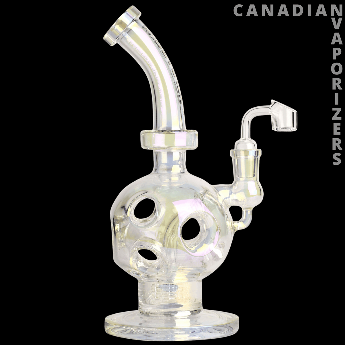 Red Eye Tek 11" Metallic Terminator Finish Swiss Globe Rig - Clear glass Swiss globe rig with iridescent metallic accents, curved neck, and angled side joint.