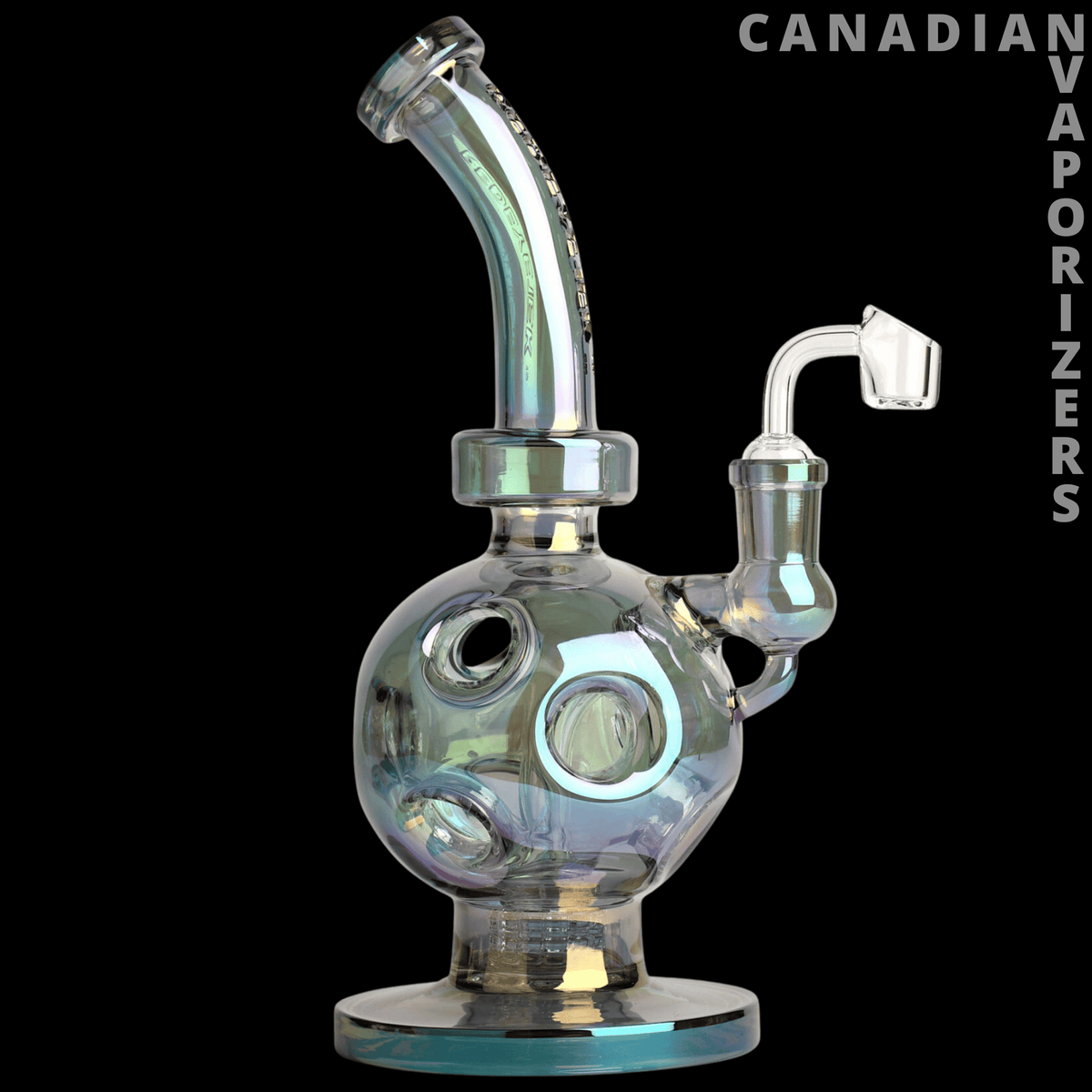 Red Eye Tek 11" Metallic Terminator Finish Swiss Globe Rig - Metallic iridescent glass globe rig with a curved neck, side joint, and round base.