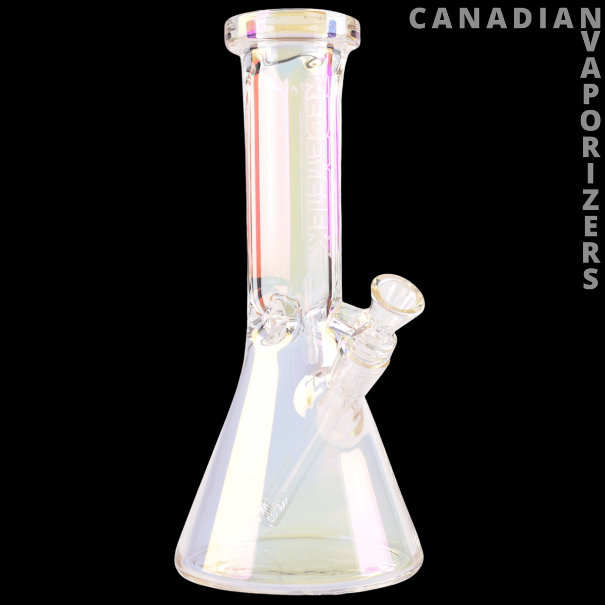 Red Eye Tek 12" Metallic Terminator Finish Hex Top Beaker - 12-inch iridescent glass beaker with a hexagonal top, flared base, and angled joint.