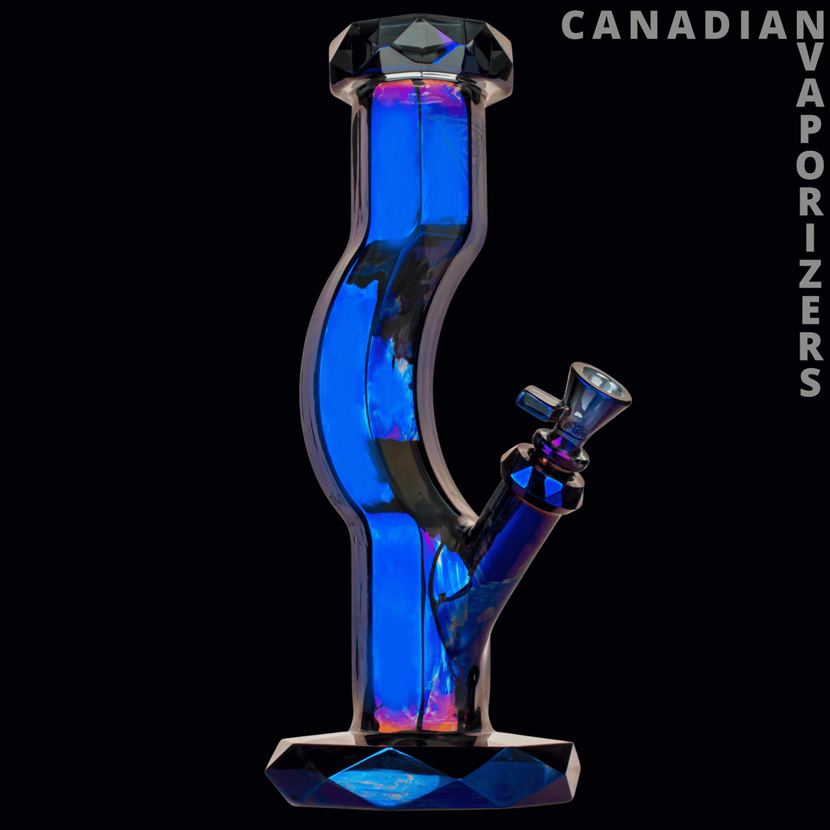 Red Eye Tek 12" Metallic Terminator Finish Hydrus Straight Base Gooseneck Water Pipe - Blue metallic glass water pipe with a curved gooseneck chamber, angled bowl, and faceted base.