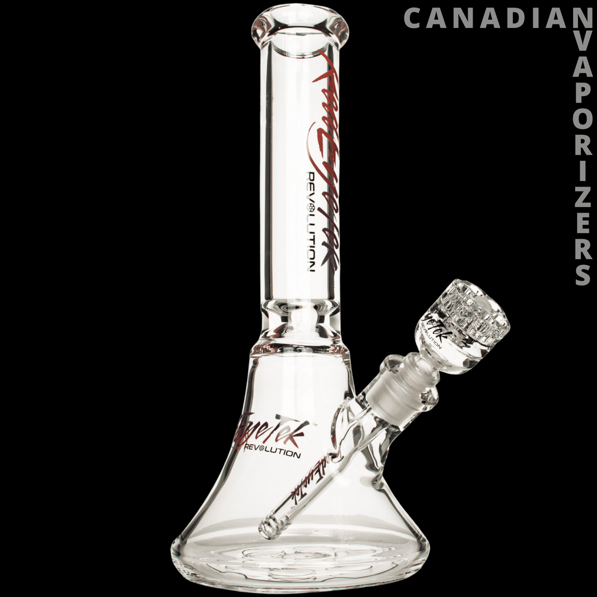 Red Eye Tek 14" 7mm Thick Revolution Bell Base Water Pipe - Clear glass water pipe with a bell-shaped base, angled joint, and red graphic accents.