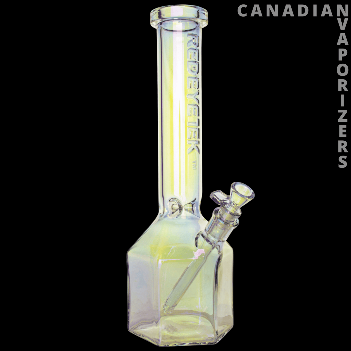 Red Eye Tek 14" Metallic Terminator Finish Prismatic Tube - Rainbow-finish glass water pipe with a tall tube, faceted base, and angled side mouthpiece.