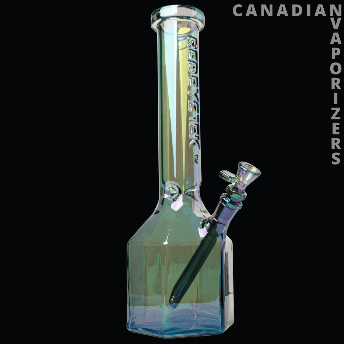 Red Eye Tek 14" Metallic Terminator Finish Prismatic Tube - Iridescent glass water pipe with a tall cylindrical neck, angled side stem, and faceted base.