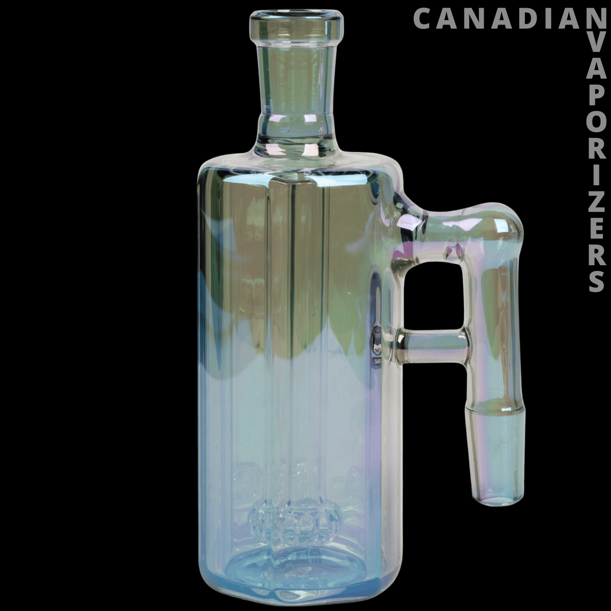 Red Eye Tek 14mm Metallic Terminator Finish Hex Tube Ash Catcher (90 Degree) - Iridescent blue hexagonal glass ash catcher with a 90-degree joint and clear neck.