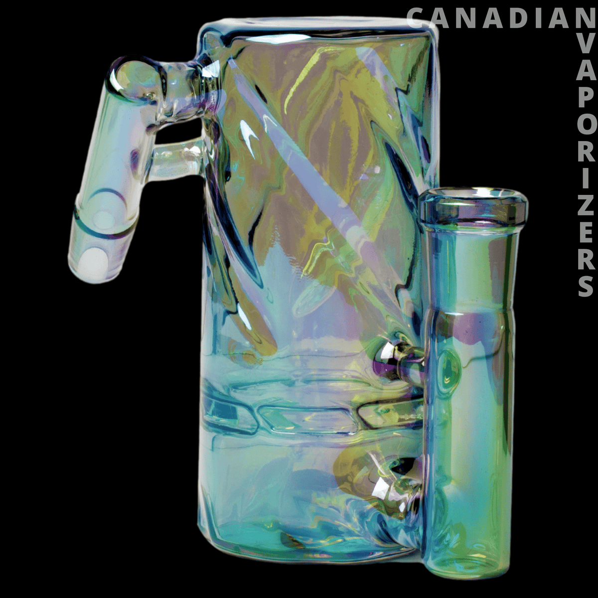 Red Eye Tek 14mm Metallic Terminator Finish Twist Tube Ash Catcher (45 Degree) - Iridescent twist tube ash catcher with a 45-degree joint and clear glass chamber, reflecting blue, green, and gold hues.