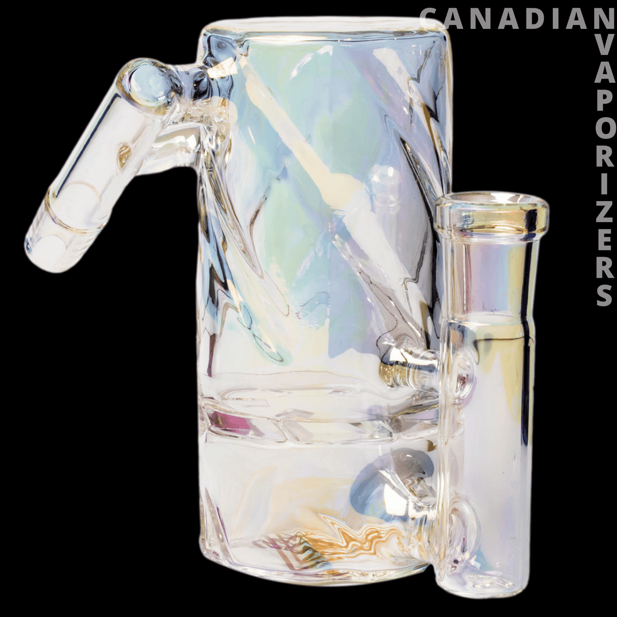 Red Eye Tek 14mm Metallic Terminator Finish Twist Tube Ash Catcher (45 Degree) - Iridescent metallic glass ash catcher with a clear angled joint and cylindrical side chamber.
