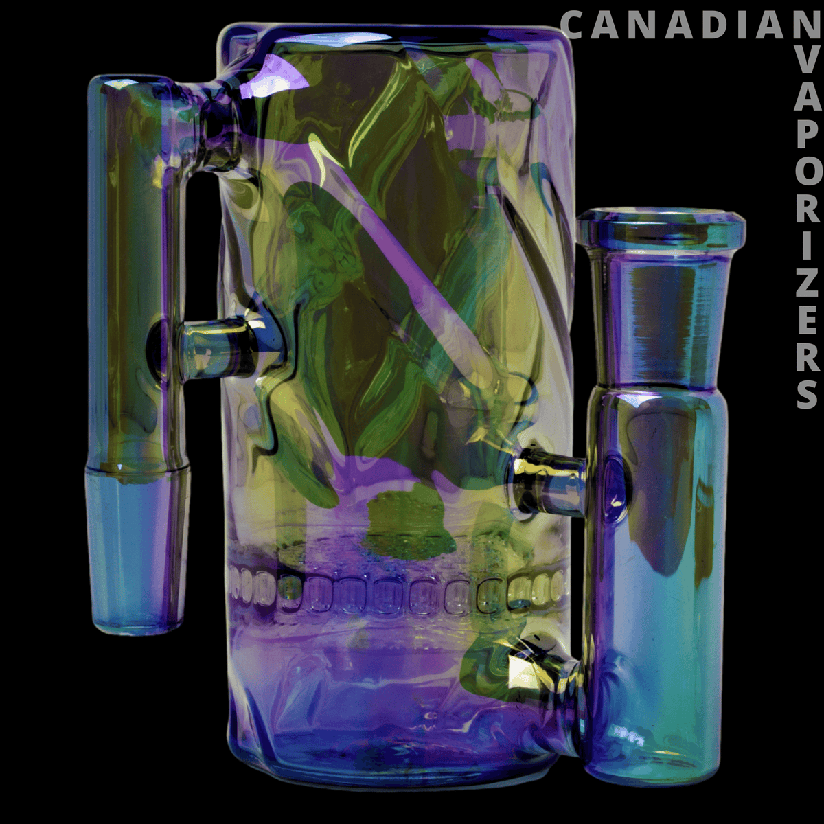 Red Eye Tek 14mm Metallic Terminator Finish Twist Tube Ash Catcher (90 Degree) - Rainbow metallic twist-tube ash catcher with a 90-degree joint and clear glass connections.
