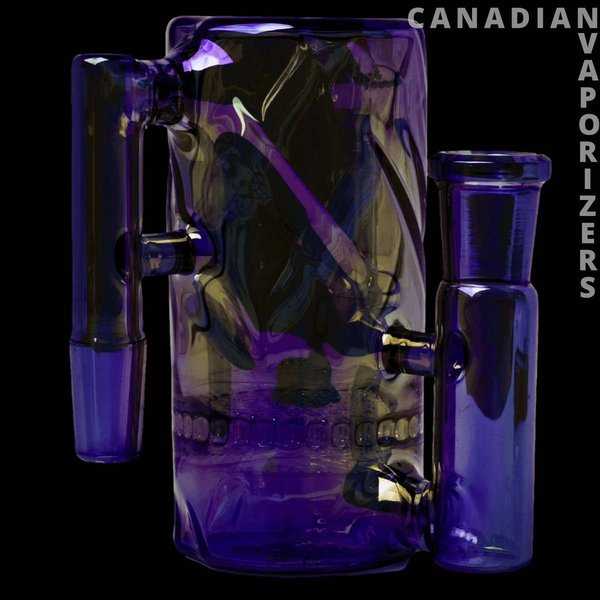 Red Eye Tek 14mm Metallic Terminator Finish Twist Tube Ash Catcher (90 Degree) - Purple iridescent twist tube ash catcher with two side-mounted glass chambers and 90-degree joint.