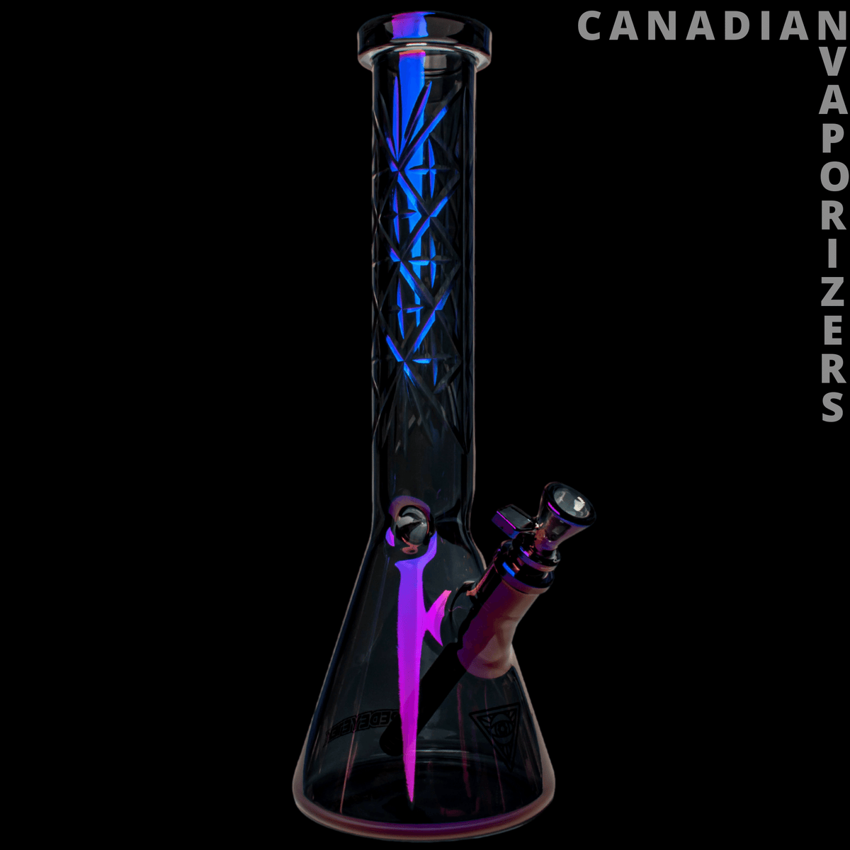 Red Eye Tek | 15" 7mm Thick Metallic Terminator Finish Traditions Series Beaker Tube W/Multi-Pointed Hobstar Details - Black glass beaker tube with vivid blue crisscross accents, purple metallic finish, and angled side stem.