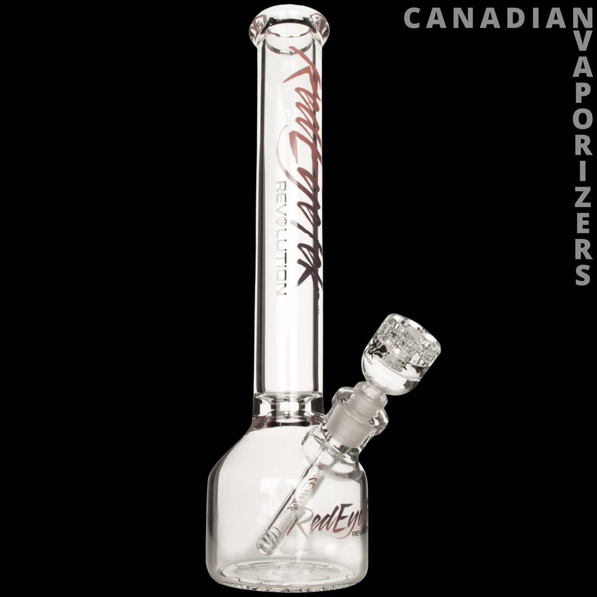 Red Eye Tek 17" 7mm Thick Revolution Canteen Base Water Pipe - Clear glass water pipe with a rounded canteen base, angled bowl, and red and black accents.